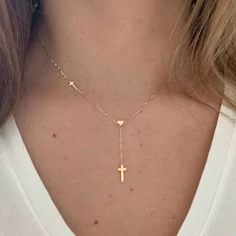 Gold cross lariat necklace with heart accent - women jewelry