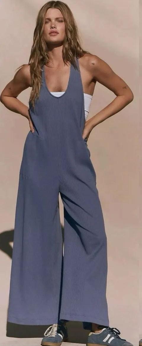Free People Bohemian Zena One Piece Wide Leg Jumpsuit Periwinkle Blue Small NWT