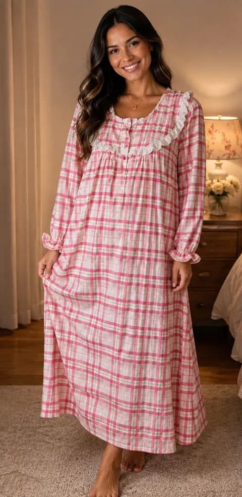 Women's Pink Plaid Long Nightgown with Ruffle Collar