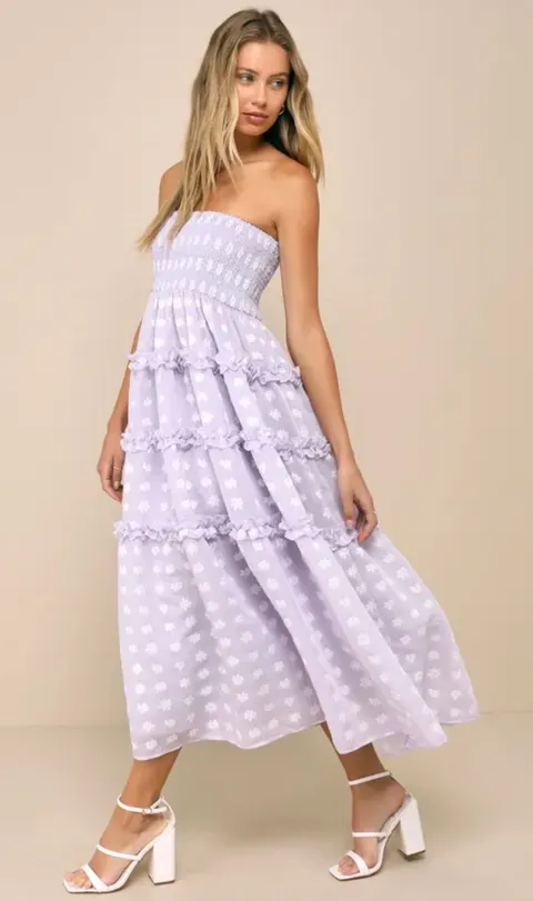 Beautiful Lulus Sentiments Lavender Floral Strapless Tiered Midi Dress