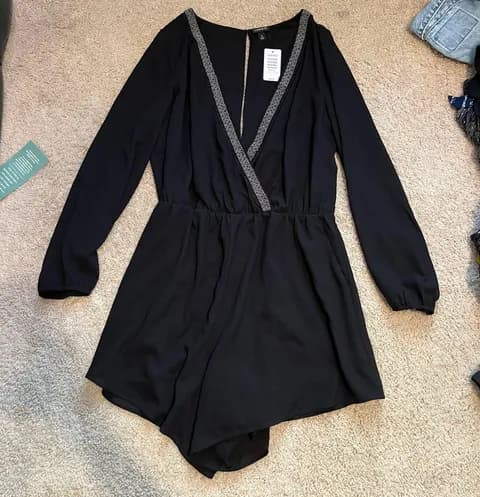Black embellished georgette romper with pockets long sleeve never worn