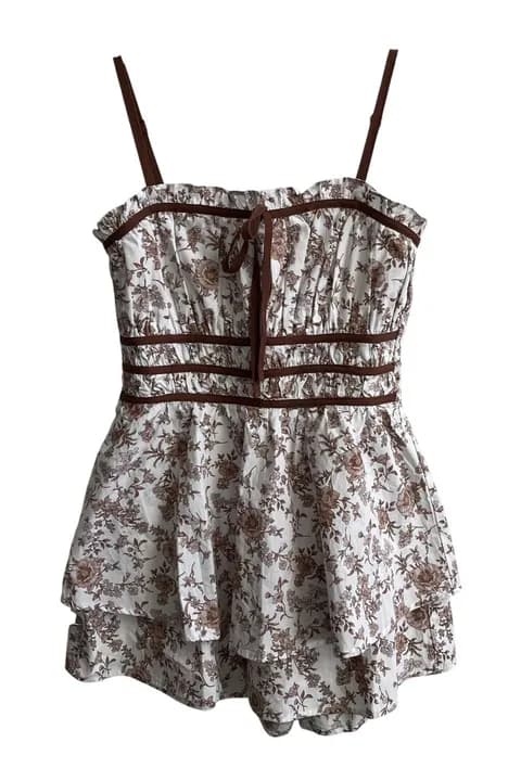 Francesca's Floral Romper Womens Medium White Brown Cottagecore Tiered Ruffle