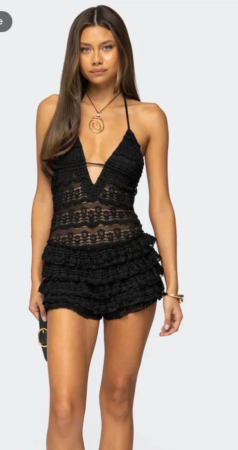 Edikted Lanney Ruffled Sheer Lace Romper
