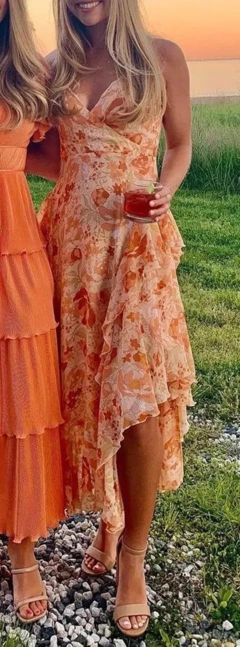 Orange ruffle wedding guest midi dress
