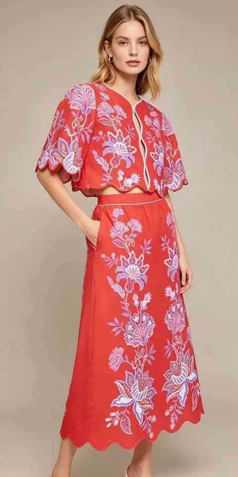NWOT Farm Rio Red Porcelain Garden Scalloped Linen Midi Skirt Size M