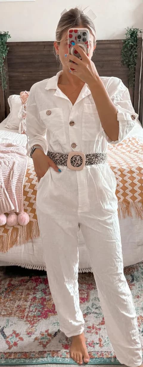White Linen Belted Jumpsuit