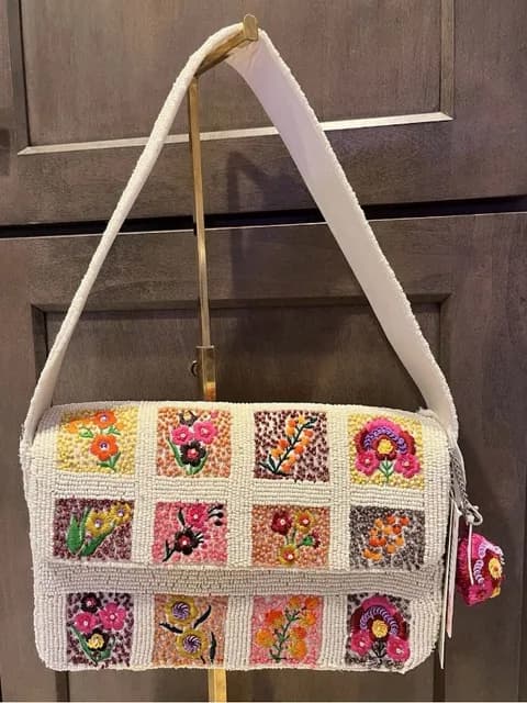Boho Embroidered Floral Cream Shoulder Bag Patchwork Hand Sewn Beaded Purse NWT