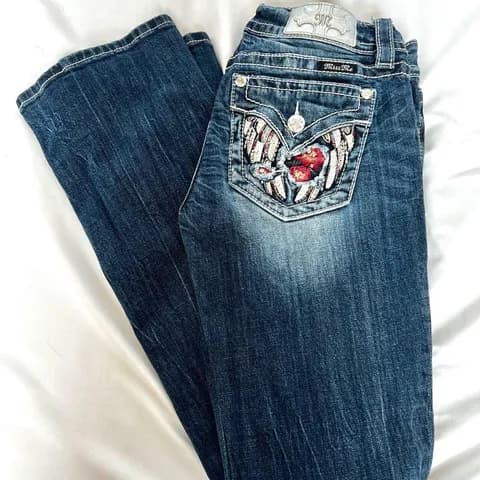 Miss Me Dark Boot Cut Jeans with Floral Pocket