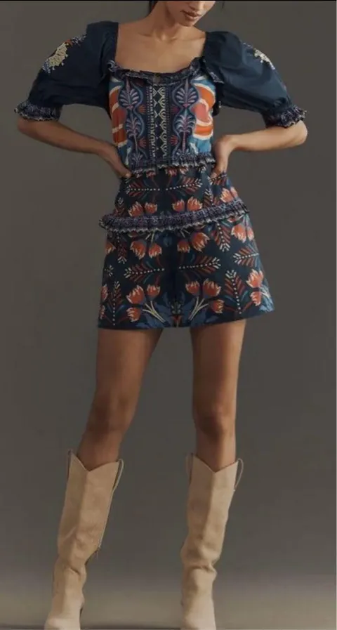 Farm Rio Puff-Sleeve Ruffled Floral Cotton Romper, Size S/M