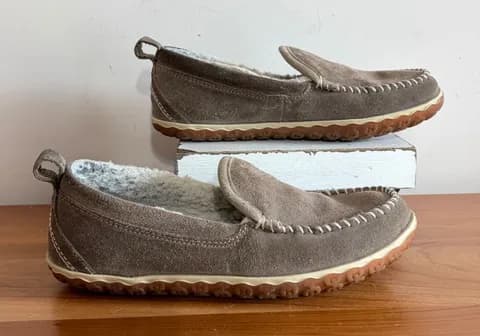 LL Bean Mountain Slippers Brown Suede Fleece Lined Moccasin Loafers Womens 7