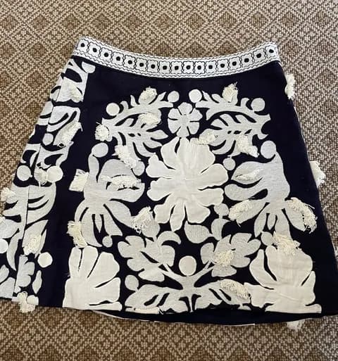 Navy and White Embroidered A-Line Skirt