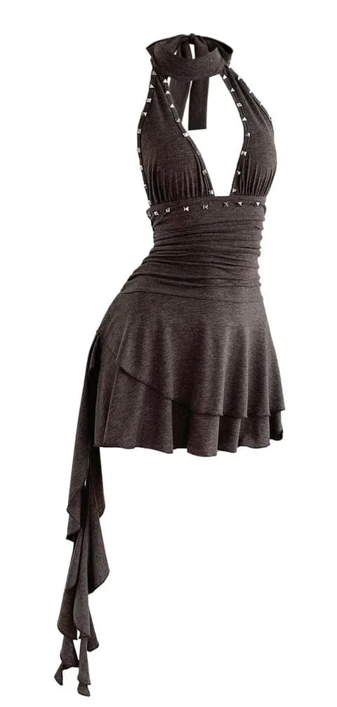 Women's Rivet Studded Halter Mini Dress Y2k Ruched Ruffle Layered Dress NWOT M