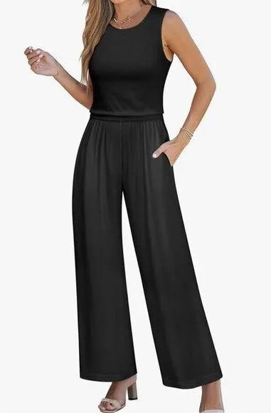 NEW Black Sleeveless Pockets Zipper Back Wide leg Jumpsuit XL Black
