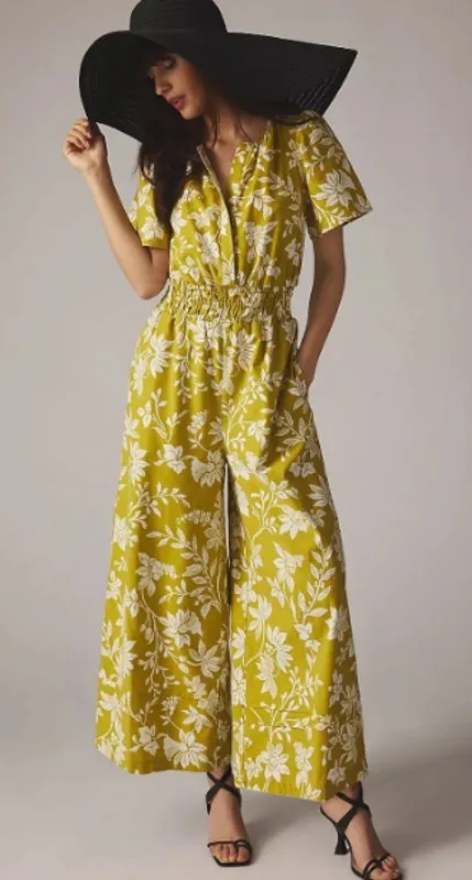 Anthropologie Somerset Wide Leg Jumpsuit in Chartreuse Pockets Size Medium