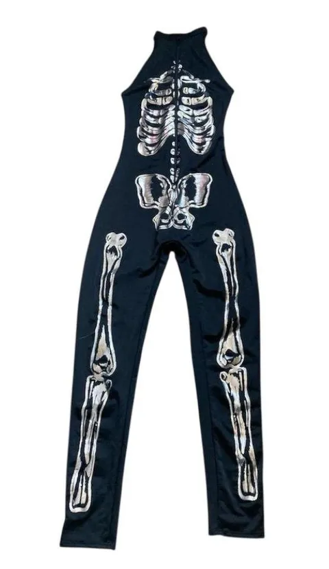 Gothic Rave Styled Forplay Silver Crome Skeleton Bodysuit Black Size XS