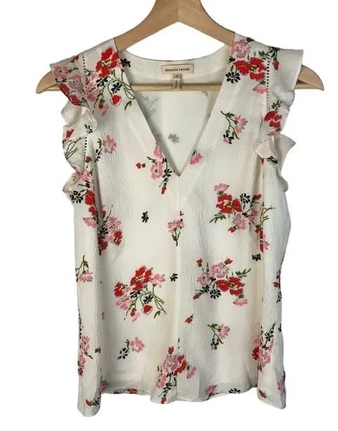Rebecca Taylor White & Pink Floral V-Neck Short Sleeve Ruffle Top 2