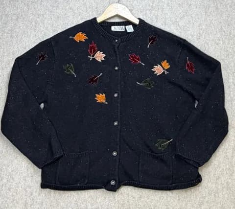 Croft & Barrow Womens XL Black Fall Grandmacore Cottage Leaf Cardigan Sweater
