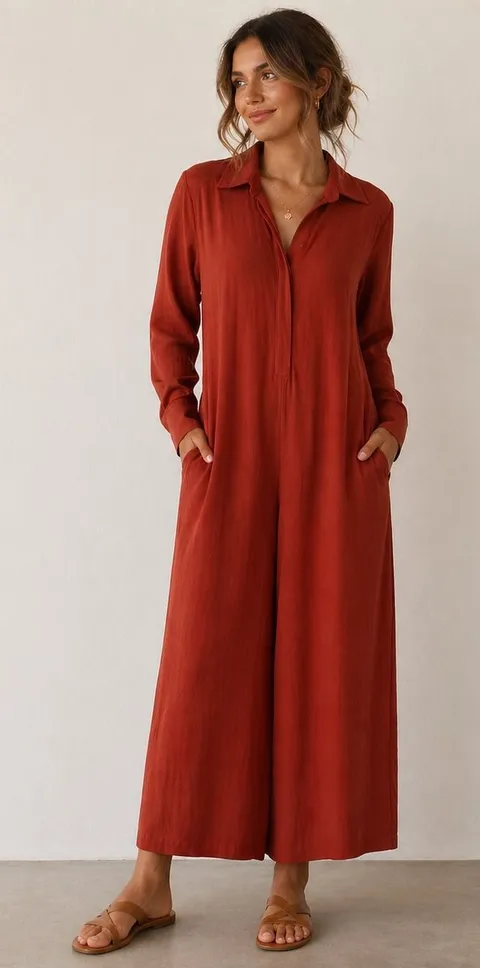 Free People Jumpsuit Womens XS Rust Orange Boho Wide Leg Linen Blend Long Sleeve
