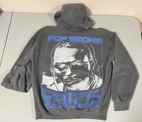Gray Grey Blue ‘Pop Smoke: Faith’ Graphic Pullover Sweater Sweatshirt Hoodie Size M 💙 Size M