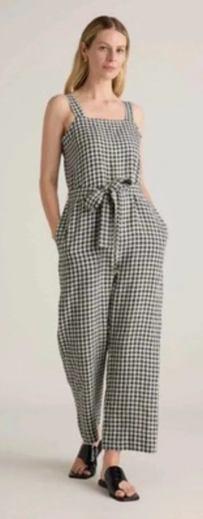 Quince Size M 100% European Linen Square Neck Jumpsuit Khaki Gingham No Belt