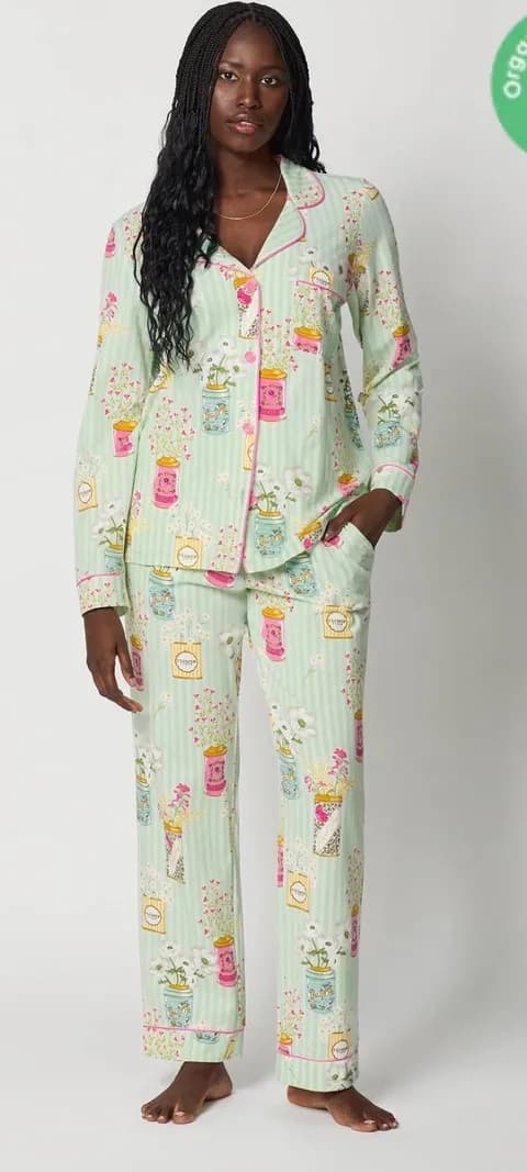 Anthro BedHead FLOWER CANS LONG SLEEVE STRETCH JERSEY PJ SET. MSRP $120. Size S