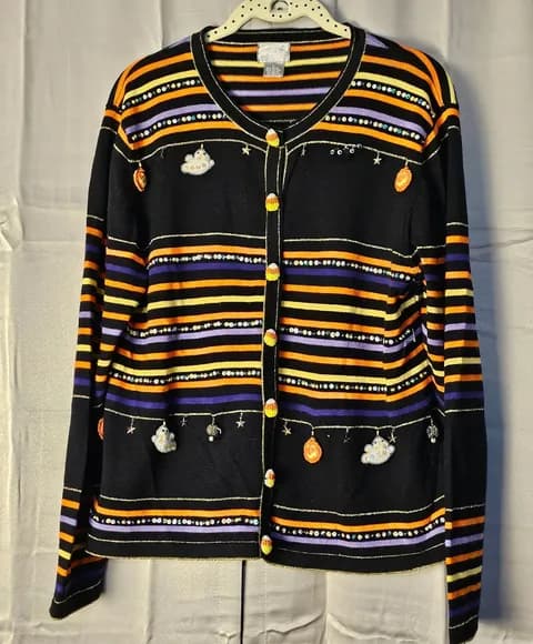 Vintage Berek Black Orange Striped Embellished Halloween Cardigan Sweater Large
