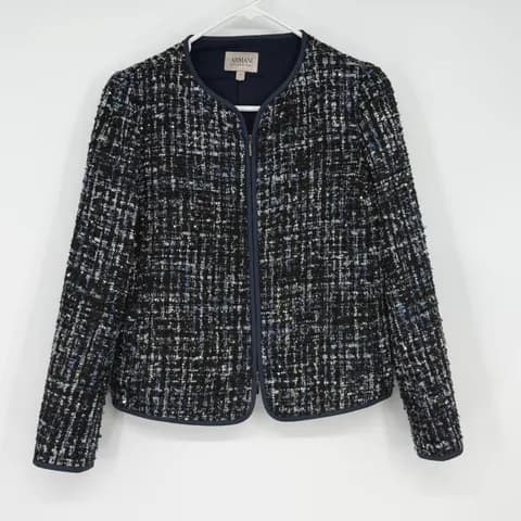 Armani Collezioni Womens Blue Black Sequin Tweed Zip Front Jacket Size 4