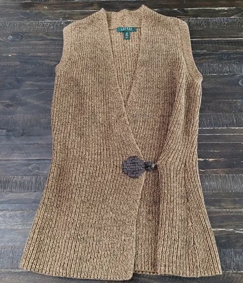 Lauren Ralph Lauren Sleeveless Cardigan Sweater Brown Heavy Knit Frog Button XS