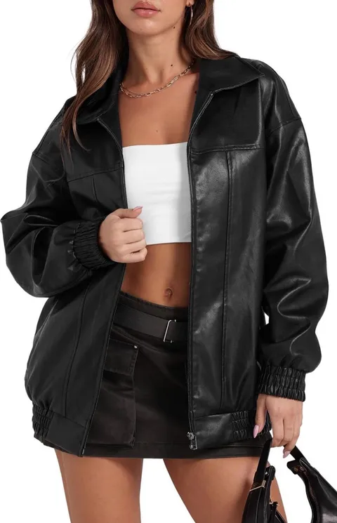 NWT Sampeel Faux Leather Oversized Bomber Jacket in Size Medium Black