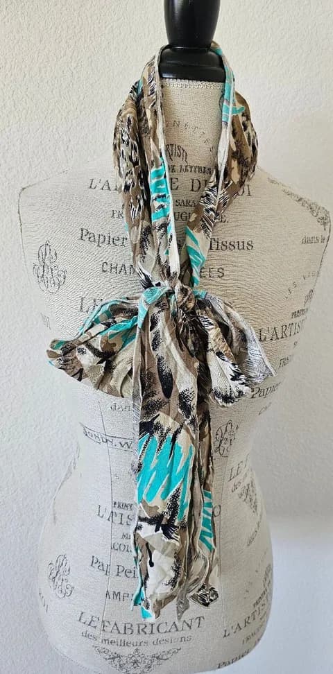 Vintage 80s Abstract Brushstroke Oblong Scarf Turquoise Tan Brown Black 7x80