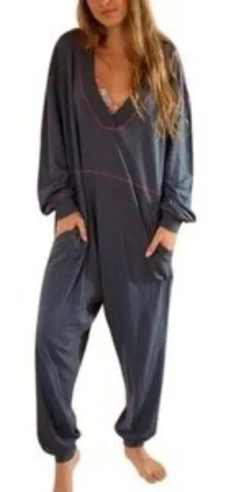 Natural Life Women Blue Cotton Slub V-Neck Long Sleeve Relaxed Jumpsuit M