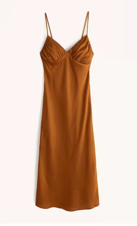 Abercrombie Ruched Satin Slip Midi Dress