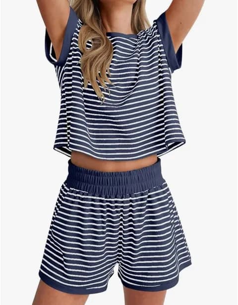 Womens 2 Piece Ribbed Striped Knit Pajama Set, Short Sleeve Top & Lounge Shorts