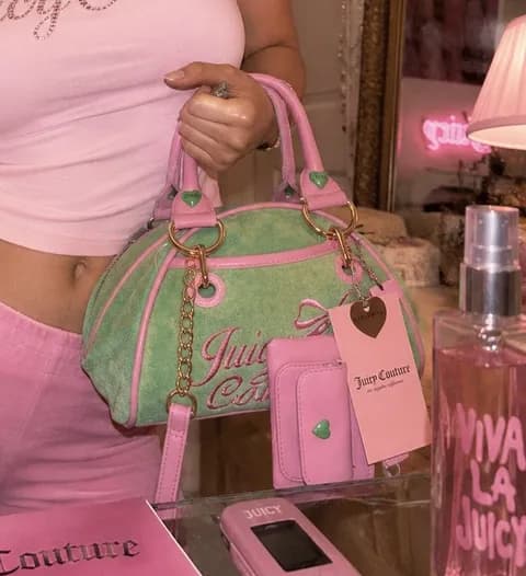 Juicy Couture Retro Strawberry Retro Green Bowler Satchel Bag Coin Purse Terry