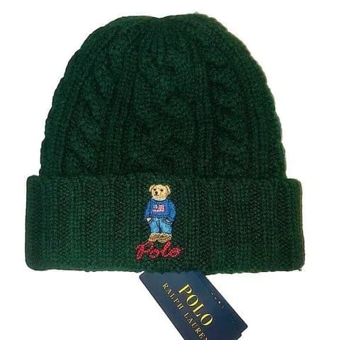 RALPH LAUREN Green Cable Knit Hat w/ Bear Wearing American Flag Sweater O/S NWT