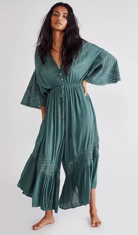 Free People Angela Jumpsuit Dried Pine Crochet Jumper Large Flowy Bohemian