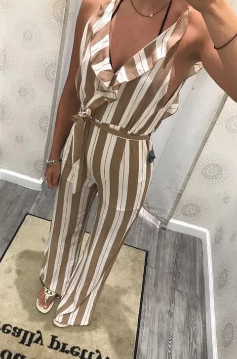 Nude/white Strip Jumpsuit
