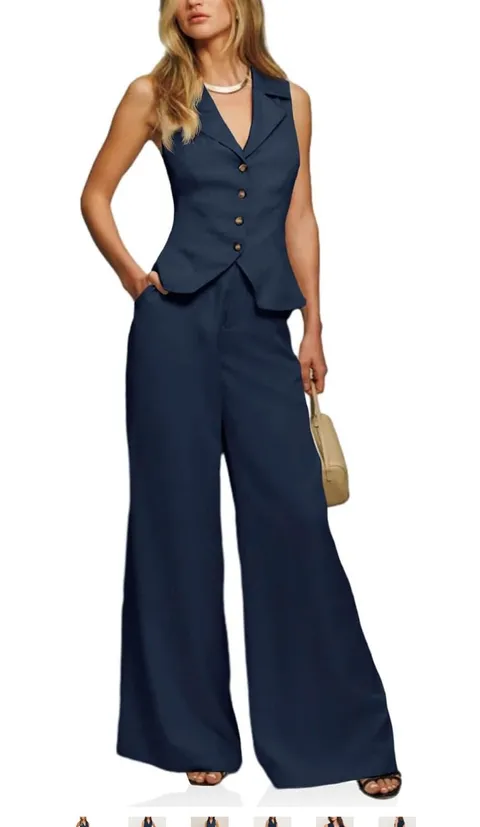 Cicy Bell Vest Set Button Crop Blazer and Wide Leg Pant Suit Blue