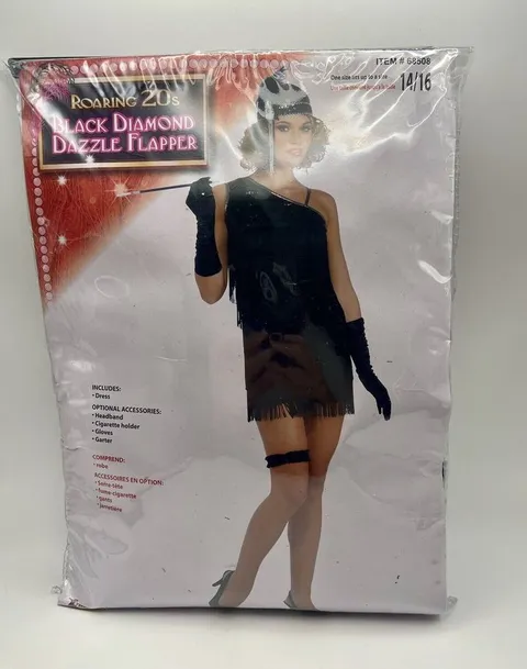 Flapper Halloween Costume Adult Black Fringe Includes Headband Up to Size 14/16