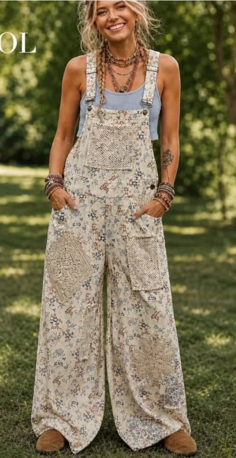 NWT POL Touch of Flowers Crochet Patch Overalls, Cream Floral Patchwork