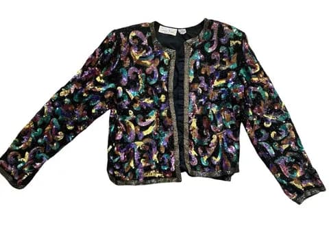 Laurence Kazar Vintage Black Multicolor Sequin Beaded Blazer | Large