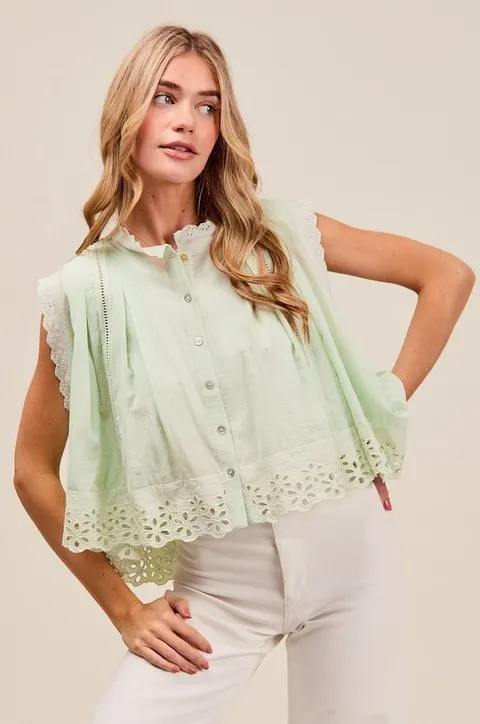 SO ME Button Up Front Pleated Sleeveless Top with Floral Eyelet Lace