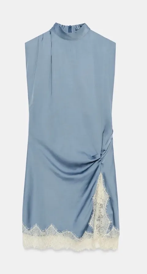 NWT ZARA SATIN LACE BLUE DRESS SIZE M