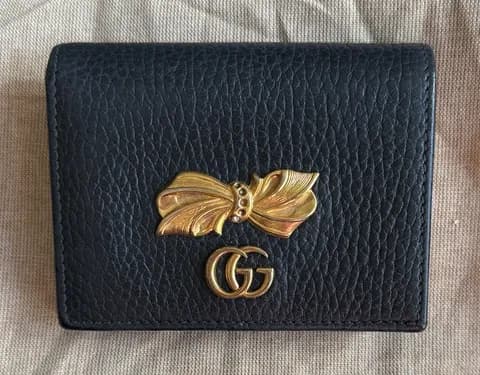 Gucci Marmont Black Leather Wallet with Gold Bow Logo and floral lining