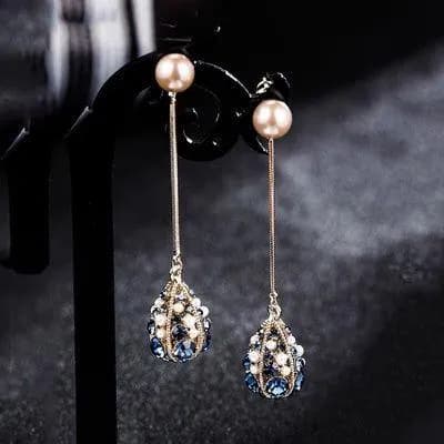 Women's Pearl Blue Crystal Long Tassel Dangle Drop Earrings