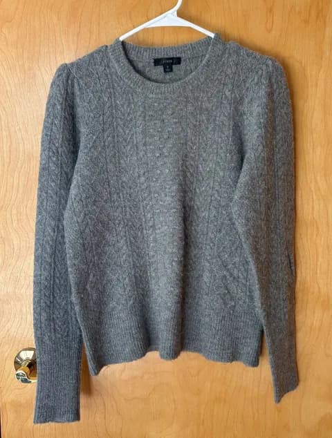 J.Crew Cable Knit Sweater Women Small Grey Merino Alpaca Blend Puff Sleeve BB408 Gray