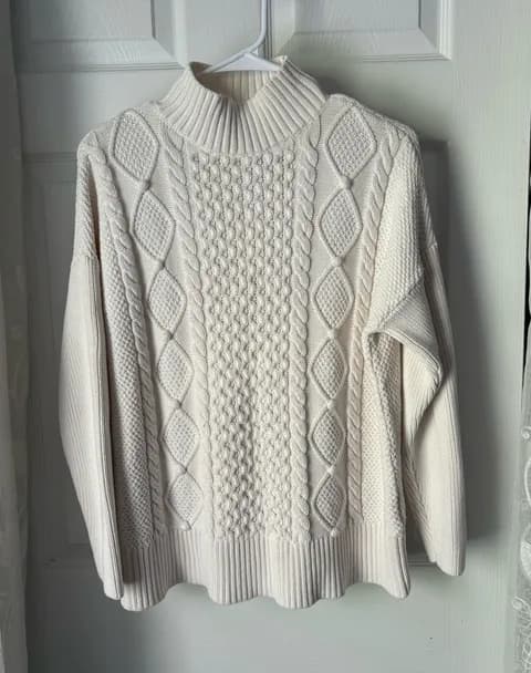 J. Crew Cotton Cable Knit Mock Neck Pullover Cozy Preppy Turtleneck Sweater sz M