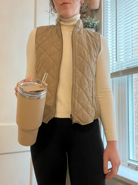 Tan Quilted Vest With Brass Buttons