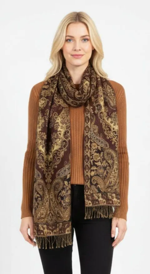 Pashmina Brown Tan & Black Brocade Print Rectangular Scarve