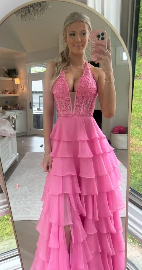 Sherri Hill Prom Dress Pink Blush Floral Halter